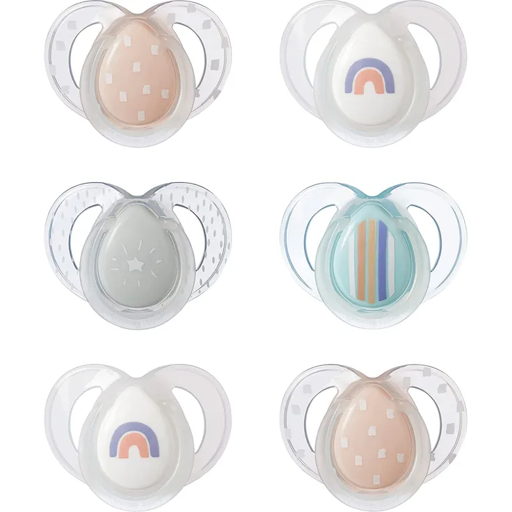Tommee Tippee Night Schnuller, Symmetrische Kiefergerechte Form, BPA-freies Silikon, Im Dunkeln Leuchtender Griff, 18-36M, 6er-Set