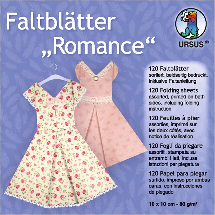 Ursus 3256899 Faltblätter Romance, 80 g/qm, ca. 10 x 10 cm, 120 Blatt in 10 verschiedenen Designs, beidseitig bedruckt, inklusive Faltanleitung, ideale Grundlage für kreative Bastelarbeiten