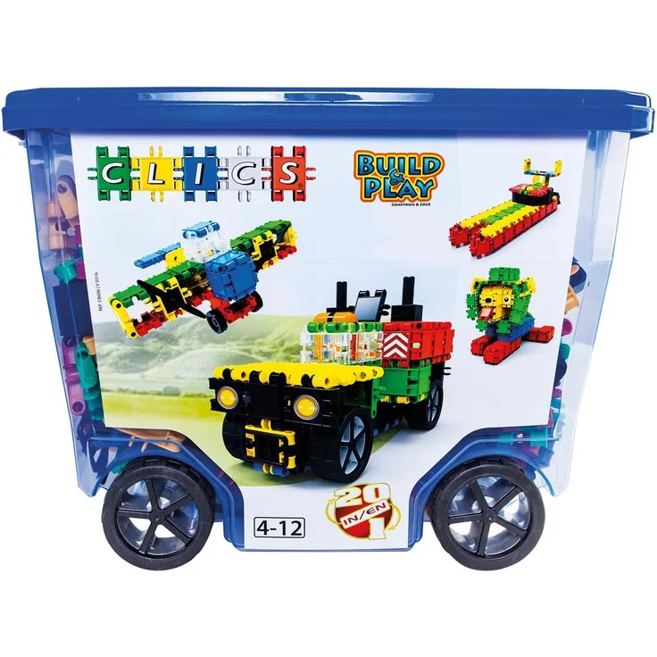CLICS Konstruktionsspielzeug für Kinder ab 3 Jahre, kreatives Lernspielzeug im 560 Teile Set, Bausteine für Mädchen und Jungen, Montessori STEM-Spielzeug, Box mit Rollen 20 in 1, – Bild 1
