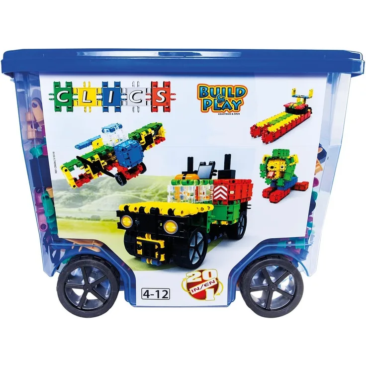 CLICS Konstruktionsspielzeug für Kinder ab 3 Jahre, kreatives Lernspielzeug im 560 Teile Set, Bausteine für Mädchen und Jungen, Montessori STEM-Spielzeug, Box mit Rollen 20 in 1,
