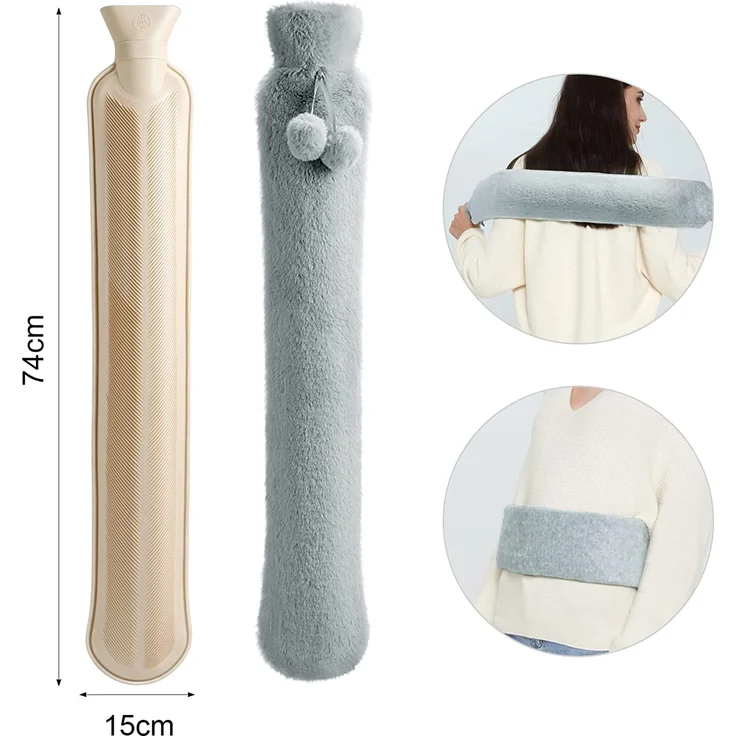Homealexa Lange Wärmflasche mit weichem Bezug 2 Liter, Schlauch-Wärmflasche für Nacken und Schulter, 73 x 13cm zertifiziert, Nackenwärmflasche (Grau 1) – Bild 7