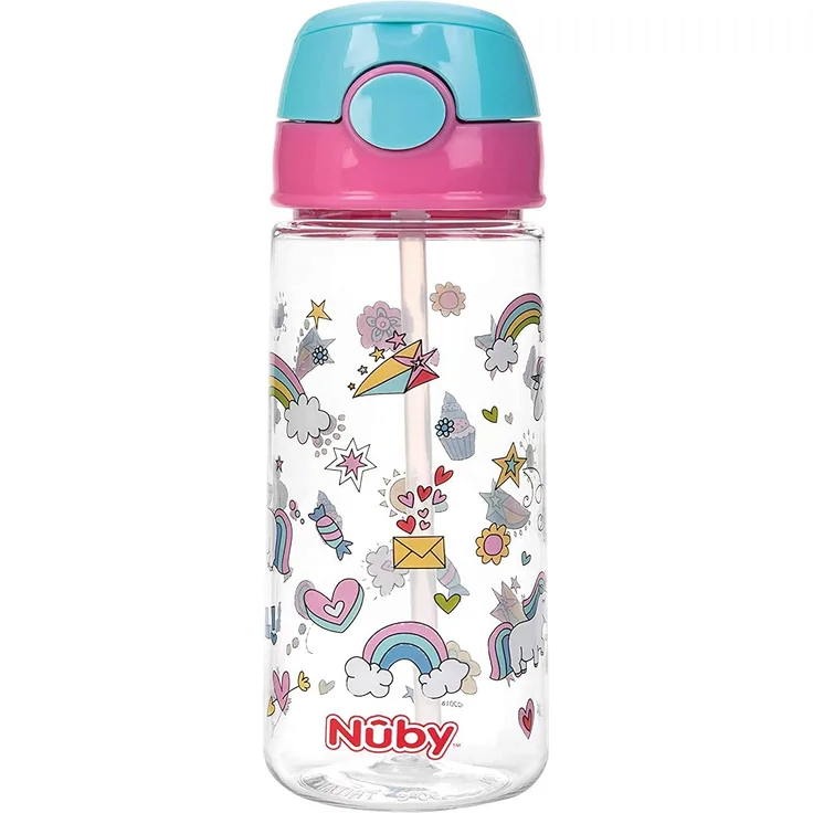 Nuby - Becher mit weichem Trinkhalm und Drückknopf aus Tritan- 530 ml- - 3 Jahre+, Rosa
