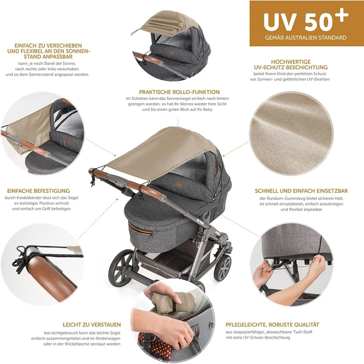 Zamboo Universal Sonnensegel - verstellbarer Kinderwagen Sonnenschutz mit UV Schutz 50 - flexibles Sonnenverdeck für Babywanne - Beige – Bild 5
