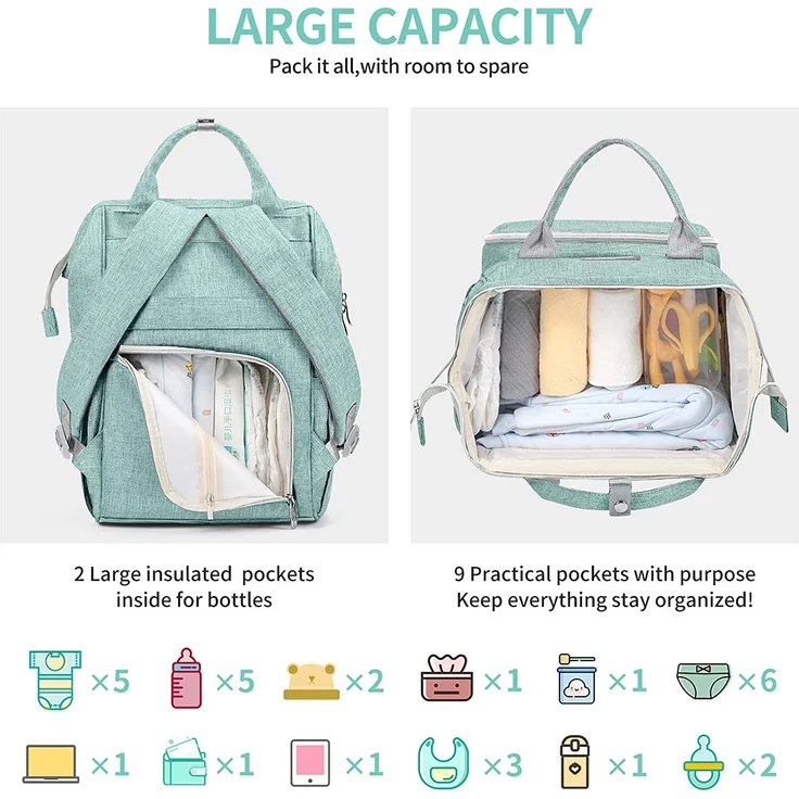 Viedouce Baby Wickelrucksack Wickeltasche Babytasche,Wasserdicht Oxford Große Kapazität für ausgehen,Multifunktional zum Rucksack mit 1 Stück Wickelauflage und 2 Kinderwagengurten (Cyan) – Bild 6