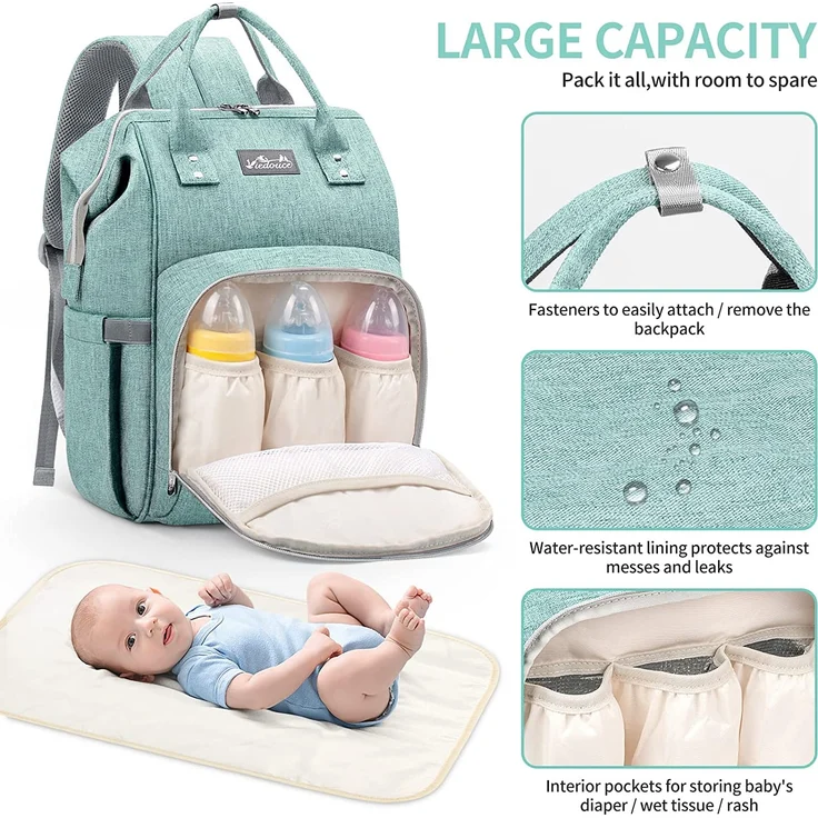 Viedouce Baby Wickelrucksack Wickeltasche Babytasche,Wasserdicht Oxford Große Kapazität für ausgehen,Multifunktional zum Rucksack mit 1 Stück Wickelauflage und 2 Kinderwagengurten (Cyan) – Bild 4
