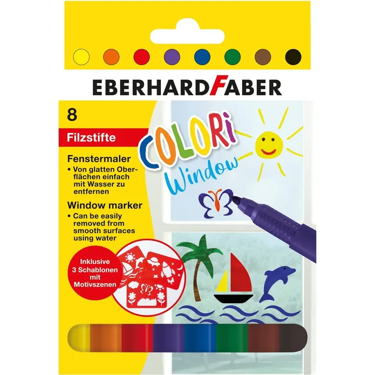 Eberhard Faber 550022 - Colori Window Marker in 8 Farben, Fenster-Malstifte inkl. 3 Schablonen, Filz-Stifte mit weichem Farbabstrich, im Kartonetui, Farb-Stifte zum Malen auf Fenstern