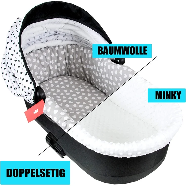 BABYLUX Nestchen für Kinderwagen Stubenwagen BABYWANNE + Matratze 2 Tlg Set Doppelseitig (W7 - Weiß + Herze) – Bild 2