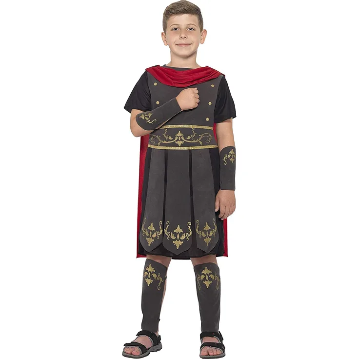 Smiffys 45477M - Kinder Jungen Römischer Soldat Kostüm, Tunika, Umhang, Arm und Bein Stulpen, Alter: 7-9 Jahre, schwarz
