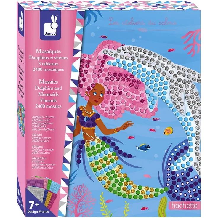 Janod J07961 Mosaik Delfine und Meerjungfrauen-Les Ateliers du Calme-Set für kreative Freizeitbeschäftigungen für Kinder-Entwicklung von Feinmotorik und Konzentration-Ab 7 Jahren