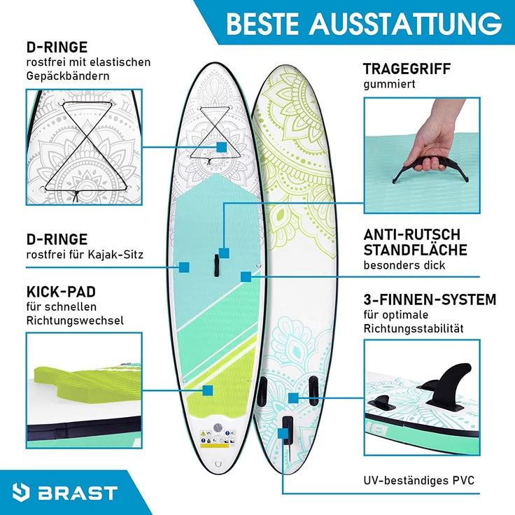 BRAST SUP Board Lady Aufblasbares Stand up Paddle Set für Frauen 300cm Flower Lime incl. Zubehör 5 Jahre Garantie Fußschlaufe Paddel Pumpe Rucksack - Preisvergleich – Bild 5
