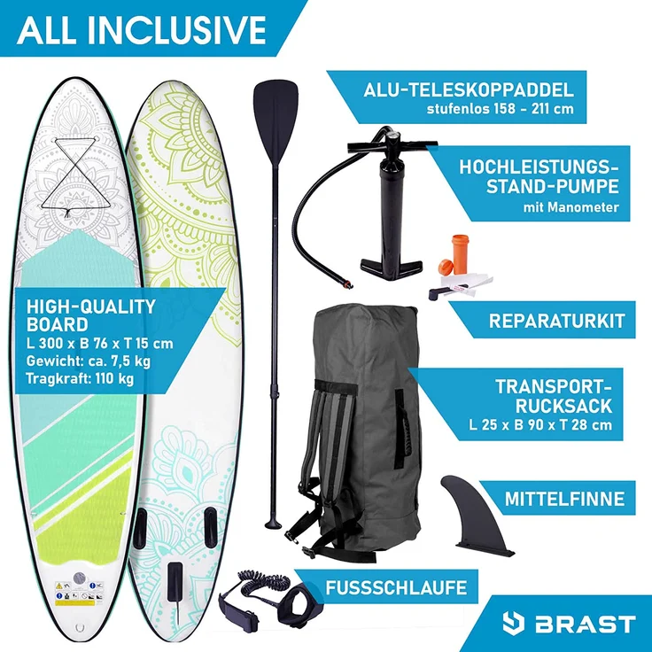 BRAST SUP Board Lady Aufblasbares Stand up Paddle Set für Frauen 300cm Flower Lime incl. Zubehör 5 Jahre Garantie Fußschlaufe Paddel Pumpe Rucksack - Preisvergleich – Bild 9