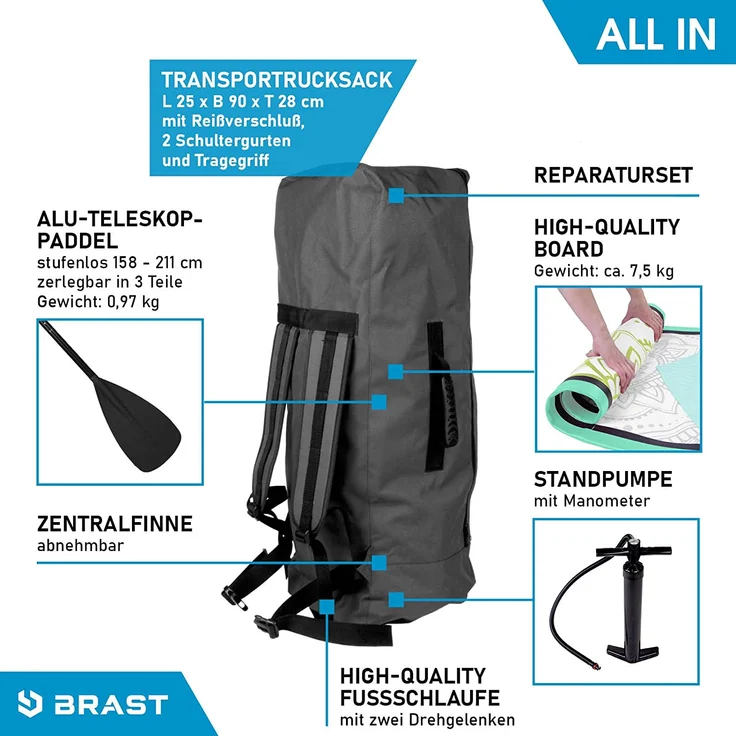 BRAST SUP Board Lady Aufblasbares Stand up Paddle Set für Frauen 300cm Flower Lime incl. Zubehör 5 Jahre Garantie Fußschlaufe Paddel Pumpe Rucksack - Preisvergleich – Bild 8