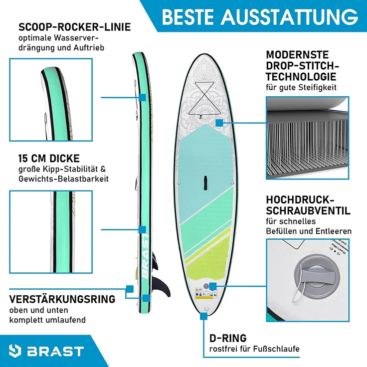 BRAST SUP Board Lady Aufblasbares Stand up Paddle Set für Frauen 300cm Flower Lime incl. Zubehör 5 Jahre Garantie Fußschlaufe Paddel Pumpe Rucksack - Preisvergleich – Bild 4