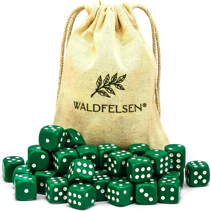 6,12, 20, 30 oder 50 hochqualitative Würfel von Waldfelsen® Standardgröße 16 mm Acrylwürfel Knobel Spielwürfel Dice 6-seitig sechsseitig Spielzubehör Set mit Stoffbeutel (Grün, 30 Stück)