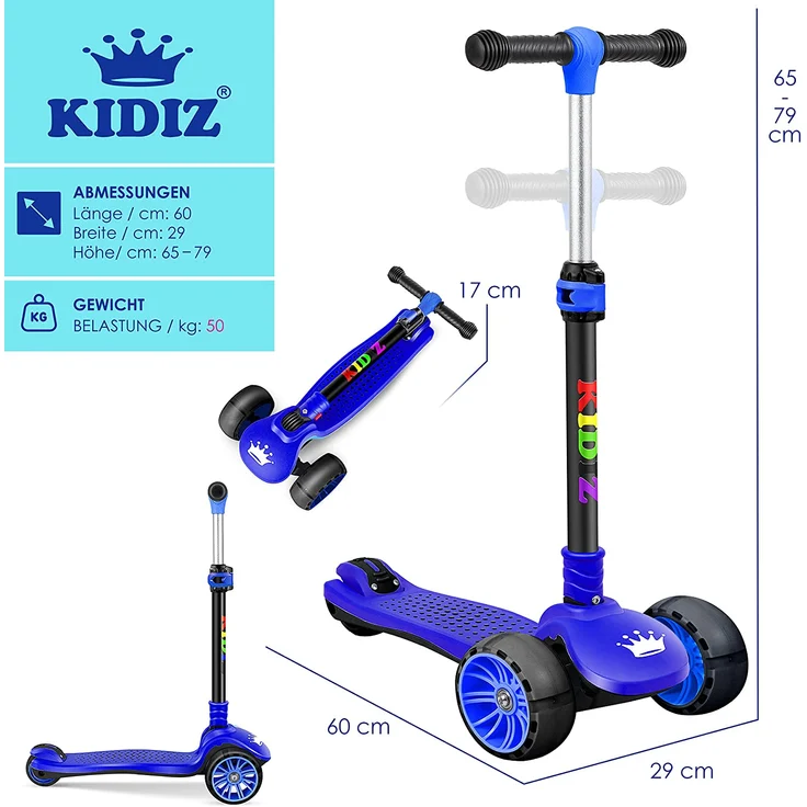 KIDIZ® Roller Kinder Scooter X-Pro2 Dreiradscooter mit PU LED Leuchtenden Räder Kinderroller faltbar Tret-Roller höhenverstellbarer Cityroller Kinderscooter für Jungen Mädchen 3-12 Jahre Schwarz/Blau – Bild 6