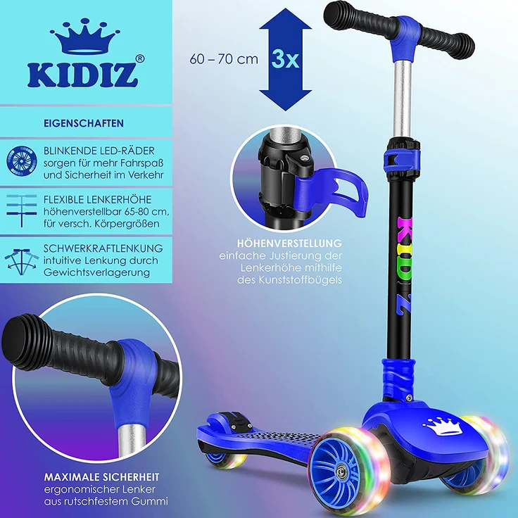 KIDIZ® Roller Kinder Scooter X-Pro2 Dreiradscooter mit PU LED Leuchtenden Räder Kinderroller faltbar Tret-Roller höhenverstellbarer Cityroller Kinderscooter für Jungen Mädchen 3-12 Jahre Schwarz/Blau – Bild 2