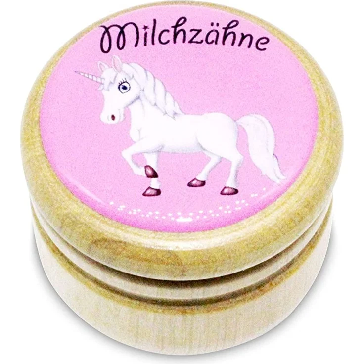 Milchzahndose, Zahndose Milchzähne Bilderdose aus Holz mit Drehverschluss in diversen Motiven für Jungen und Mädchen mit Drehverschluss 44 mm (Einhorn) -Made in EU-7011 – Bild 1