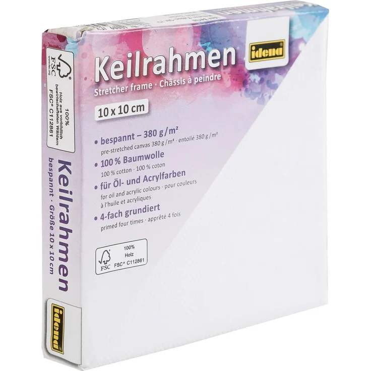 Idena 60009 - Keilrahmen mit Leinwand aus 100% Baumwolle, 380 g/m², FSC zertifiziert, für Öl- und Acrylfarben, ca. 10 x 10 cm, weiß – Bild 1