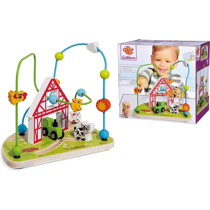 Eichhorn 100003714 Motorikschleife Bauernhof zur Förderung der motorischen Fähigkeiten, 2 Schleifen, Traktor und Kuh zum verschieben, 16 x 23 x 20 cm, aus Holz, ab einem Jahr