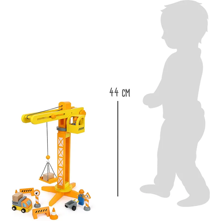 Small Foot 12007 Baukran aus Holz, FSC 100%-Zertifiziert, mit Baustellenzubehör, 13 Teile, 360 Grad drehbar, für kleine Bauarbeiter Spielzeug, Mehrfarbig – Bild 8