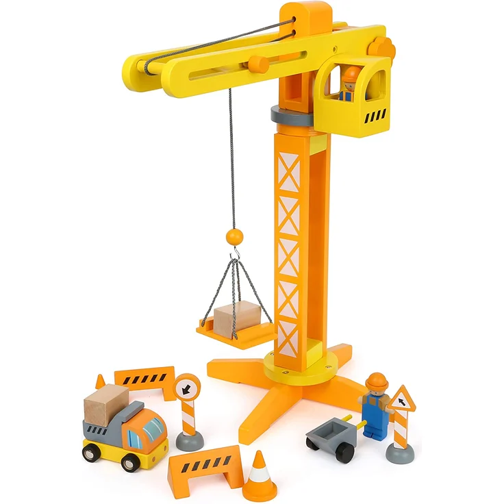 Small Foot 12007 Baukran aus Holz, FSC 100%-Zertifiziert, mit Baustellenzubehör, 13 Teile, 360 Grad drehbar, für kleine Bauarbeiter Spielzeug, Mehrfarbig – Bild 1