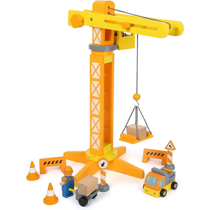 Small Foot 12007 Baukran aus Holz, FSC 100%-Zertifiziert, mit Baustellenzubehör, 13 Teile, 360 Grad drehbar, für kleine Bauarbeiter Spielzeug, Mehrfarbig – Bild 2