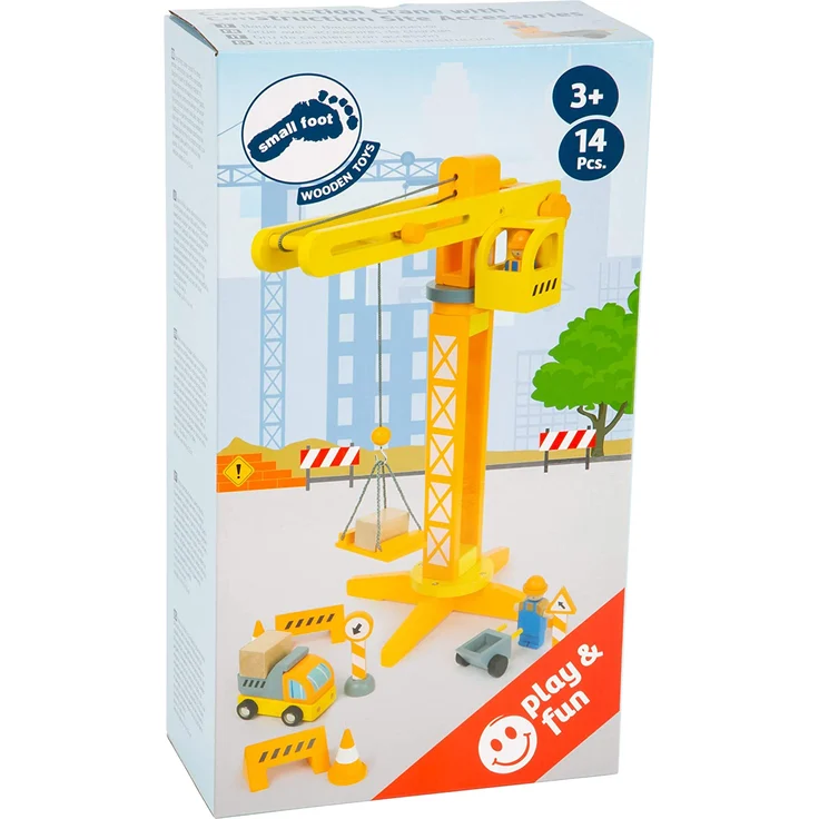 Small Foot 12007 Baukran aus Holz, FSC 100%-Zertifiziert, mit Baustellenzubehör, 13 Teile, 360 Grad drehbar, für kleine Bauarbeiter Spielzeug, Mehrfarbig – Bild 7