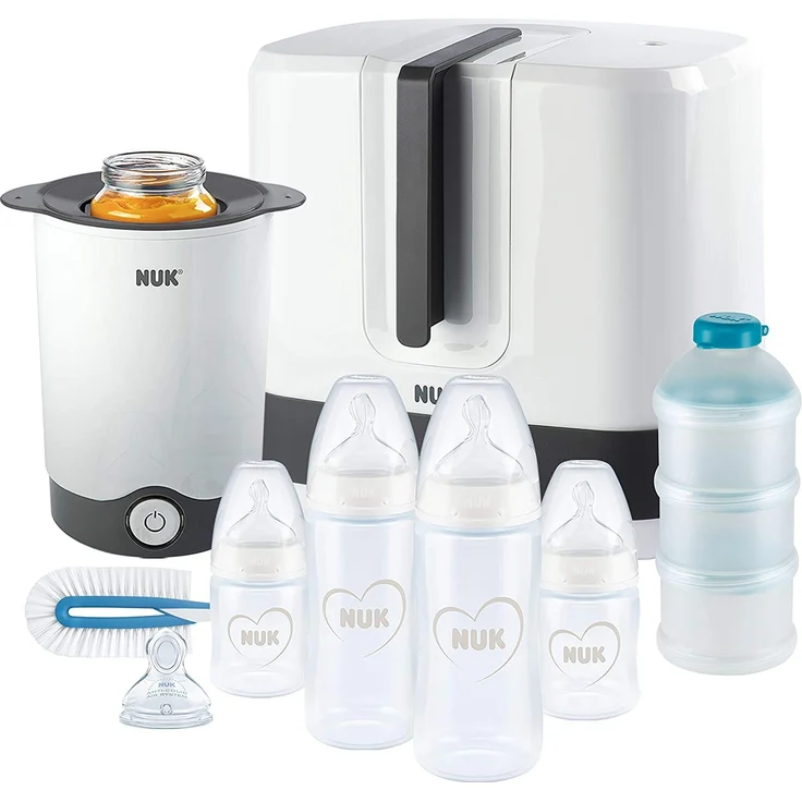 NUK First Choice+ Komplettes Fütterungsset | Vario Express sterilisator, 4x babyflaschen, 1x Babyflaschensauger, flaschenwärmer und mehr | Herz (neutral) | 9 stück – Bild 1