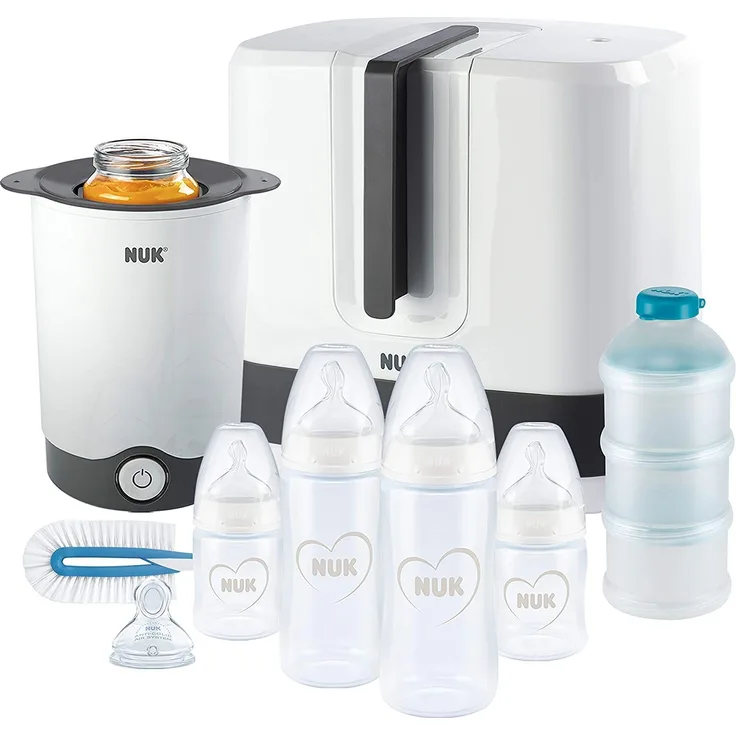 NUK First Choice+ Komplettes Fütterungsset | Vario Express sterilisator, 4x babyflaschen, 1x Babyflaschensauger, flaschenwärmer und mehr | Herz (neutral) | 9 stück