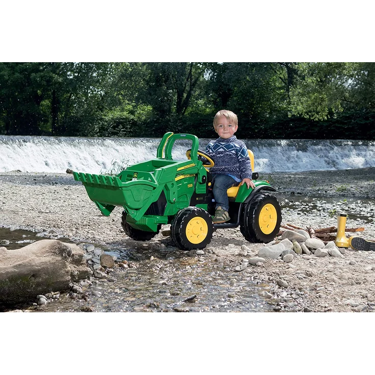 Peg Perego 'John Deere Ground Loader' Elektrotraktor, Gelb/Grün, zwei 12 V Motoren, bis zu 7,3 km/h schnell, mit großer Frontschaufel und integriertem UKW-Radio, ab 3 Jahren – Bild 9