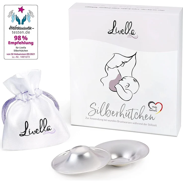 Livella Silberhütchen - Schützt und beruhigt bei wunden und empfindlichen Brustwarzen - Medizinprodukt Made in Germany - Stillhütchen 2 Stück - massives 999 Silber - Frei von Kupfer Nickel – Bild 1