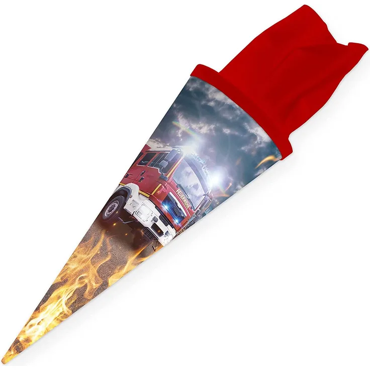 itenga Geschwister Schultüte Feuerwehr Zuckertüte mit Filzverschluss - Feuerwehrauto und Feuer - Schule Einschulung Schulanfang 35cm