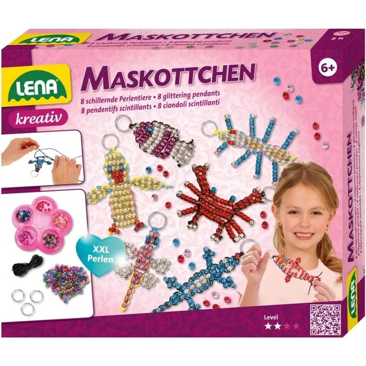 Lena 42690 Bastelset für 8 Maskottchen, Komplettset für 8 Glücksbringer/Schlüsselanhänger mit 740 metallic XXL Fädelperlen, schwarzem Kordelband, 8 Ringe und Anleitung, Set für Kinder ab 6 Jahre, bunt
