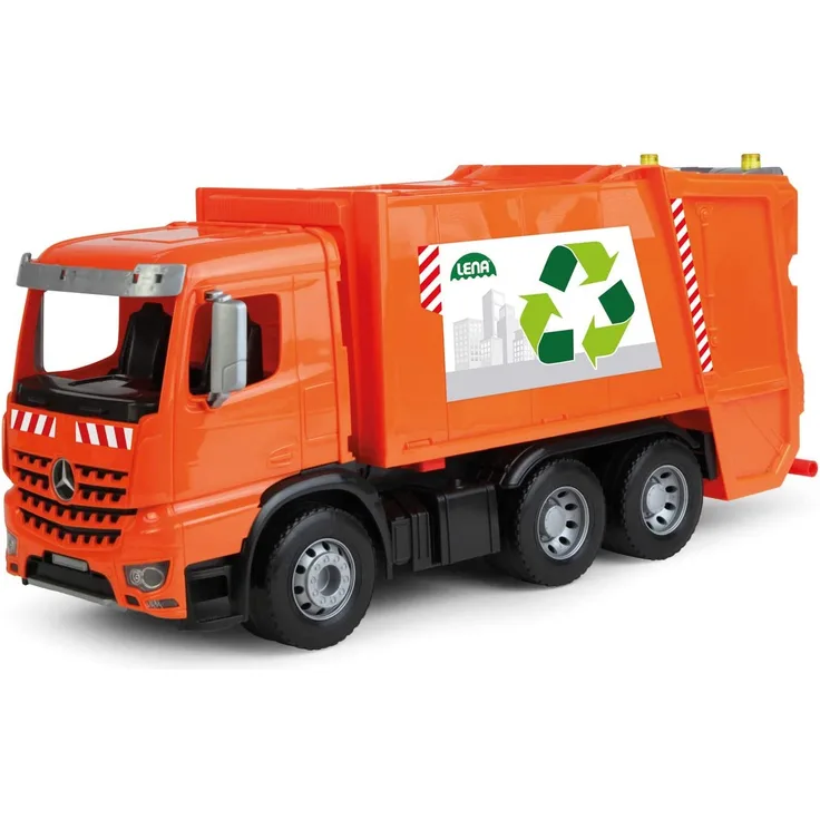 Lena 4604 Worxx Müllauto Mercedes Benz Arocs, Spielauto ca. 53 cm, Nutzfahrzeug für Kinder ab 3 Jahre, robuster Müllwagen mit 2 Mülltonnen und realitischen Spielfunktionen, orange