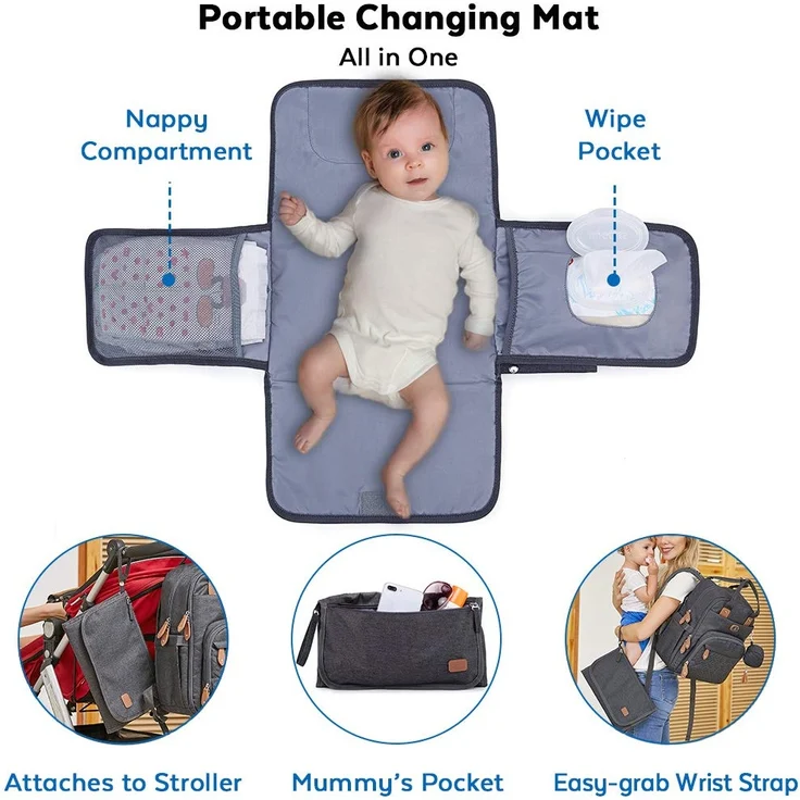Wickeltasche Rucksack - Dikaslon Großer Wickelrucksack mit Multifunktions-Babytaschen und mobiler Wickelauflage - Schnullerhalter und Kinderwagengurte - für Mama und Papa (dunkelgrau), Einheitsgröße – Bild 5