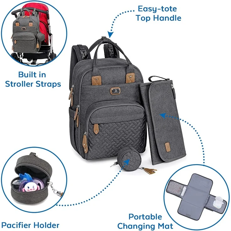 Wickeltasche Rucksack - Dikaslon Großer Wickelrucksack mit Multifunktions-Babytaschen und mobiler Wickelauflage - Schnullerhalter und Kinderwagengurte - für Mama und Papa (dunkelgrau), Einheitsgröße – Bild 2