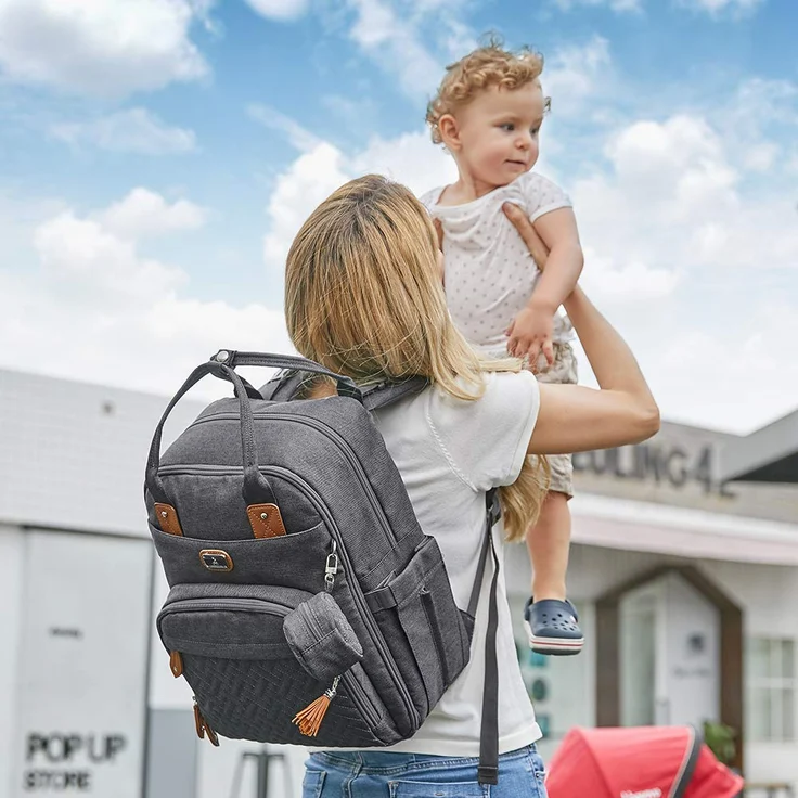 Wickeltasche Rucksack - Dikaslon Großer Wickelrucksack mit Multifunktions-Babytaschen und mobiler Wickelauflage - Schnullerhalter und Kinderwagengurte - für Mama und Papa (dunkelgrau), Einheitsgröße – Bild 6