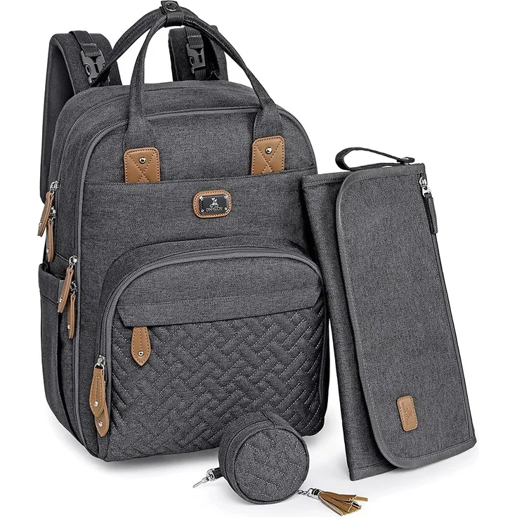 Wickeltasche Rucksack - Dikaslon Großer Wickelrucksack mit Multifunktions-Babytaschen und mobiler Wickelauflage - Schnullerhalter und Kinderwagengurte - für Mama und Papa (dunkelgrau), Einheitsgröße