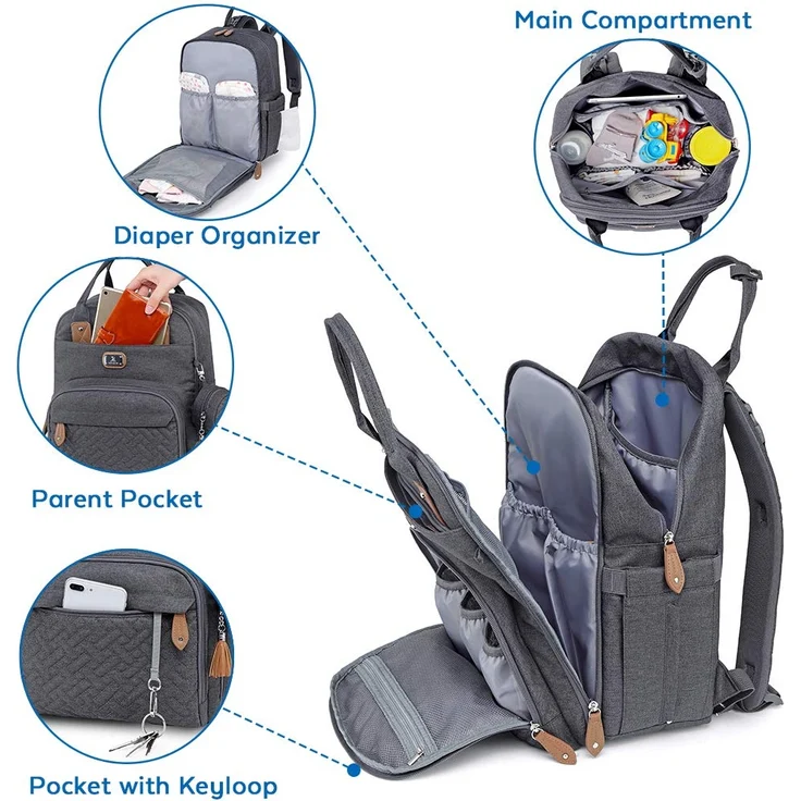 Wickeltasche Rucksack - Dikaslon Großer Wickelrucksack mit Multifunktions-Babytaschen und mobiler Wickelauflage - Schnullerhalter und Kinderwagengurte - für Mama und Papa (dunkelgrau), Einheitsgröße – Bild 3