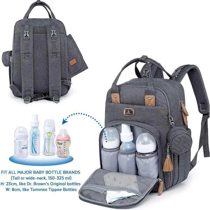 Wickeltasche Rucksack - Dikaslon Großer Wickelrucksack mit Multifunktions-Babytaschen und mobiler Wickelauflage - Schnullerhalter und Kinderwagengurte - für Mama und Papa (dunkelgrau), Einheitsgröße – Bild 4