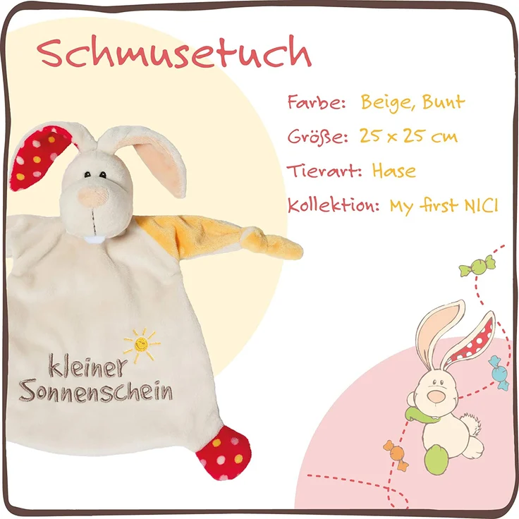 NICI Schmusetuch Hase ‚Kleiner Sonnenschein´ 25x25 cm – Schnuffeltuch ab 0+ Monaten – Kuscheltuch für Babys & Kleinkinder – Baby Kuscheltier / Schnuffeltuch – Schmusetuch für Mädchen & Jungen – 40043 – Bild 3