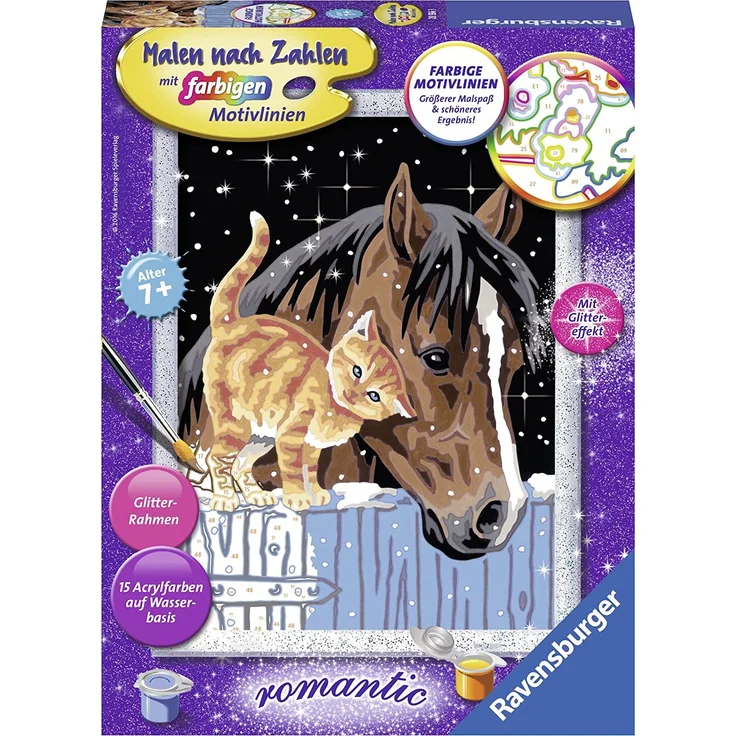 Ravensburger Malen nach Zahlen Fohlen mit Kätzchen - für Kinder ab 7 Jahren, Malset mit Glitterrahmen, Pinsel, Acrylfarben und mehr - Motiv mit Glitzereffekt - Preisvergleich – Bild 1