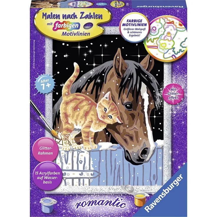 Ravensburger Malen nach Zahlen Fohlen mit Kätzchen - für Kinder ab 7 Jahren, Malset mit Glitterrahmen, Pinsel, Acrylfarben und mehr - Motiv mit Glitzereffekt - Preisvergleich