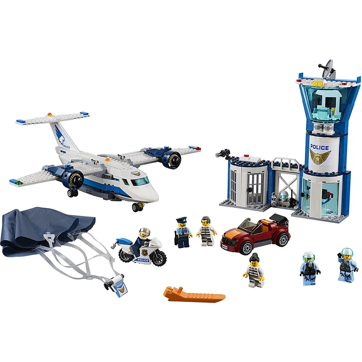 LEGO 60210 City, Polizei Fliegerstützpunkt, Flugzeug mit Fallschirmjäger plus Jetpack, Motorrad und Auto, Police Chase Bausets für Kinder – Bild 2