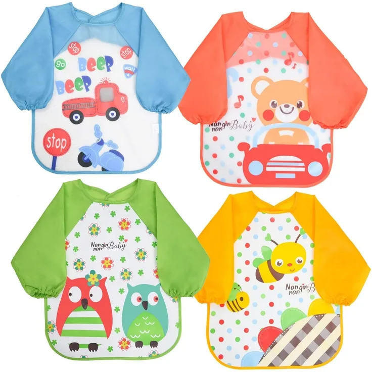 Vicloon Baby Lätzchen mit Lange Ärmeln, 4 Stück Wasserdicht Lätzchen, Ärmellätzchen Abwaschbar, Unisex Lätzchen für Malen Play Essen Kunst Handwerk Malerei, 4 Muster, Passend für 6-36 Monate Kinder