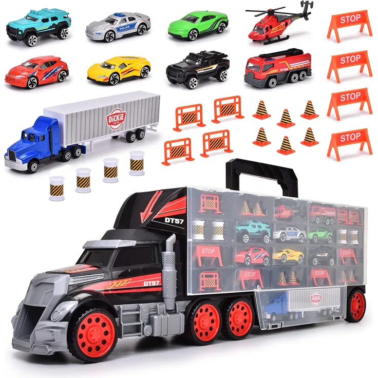 Dickie Toys 203749023 Carry Case, Truck mit Tragegriff inkl. 7 Spielzeugautos und Helikopter & Zubehör, 62 cm, ab 3 Jahren