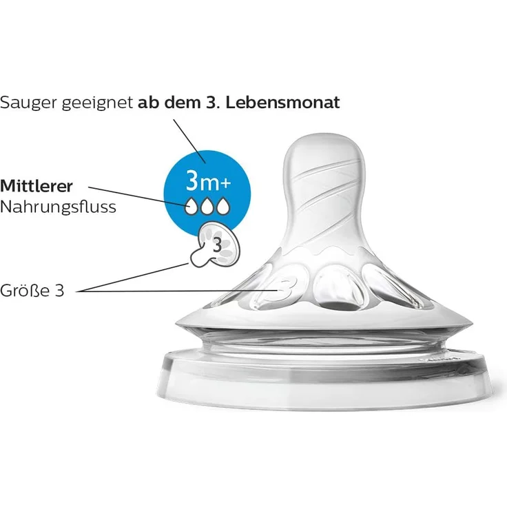 Philips Avent Natural Sauger SCF043/27, 3m+, mittlerer Nahrungsfluss, für Natural Flaschen, naturnahes Trinkverhalten, Anti-Kolik-System, transparent, 2er Pack – Bild 2