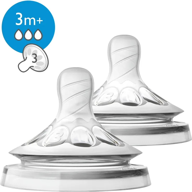Philips Avent Natural Sauger SCF043/27, 3m+, mittlerer Nahrungsfluss, für Natural Flaschen, naturnahes Trinkverhalten, Anti-Kolik-System, transparent, 2er Pack