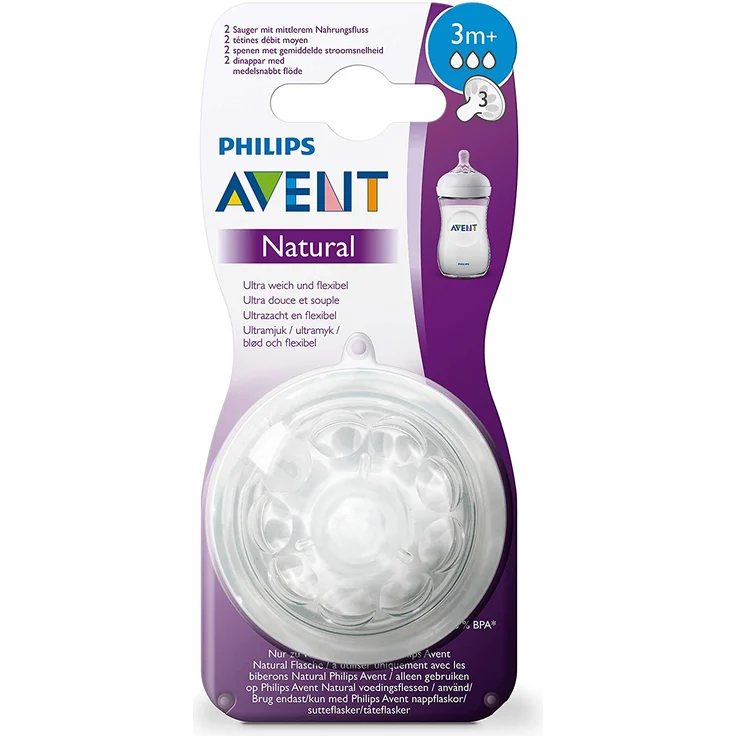 Philips Avent Natural Sauger SCF043/27, 3m+, mittlerer Nahrungsfluss, für Natural Flaschen, naturnahes Trinkverhalten, Anti-Kolik-System, transparent, 2er Pack – Bild 6