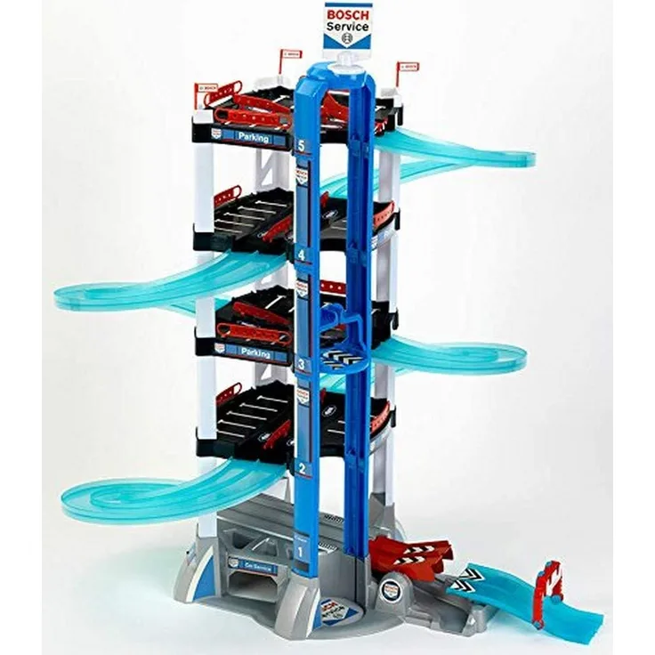 Theo Klein 2890 Bosch Car Service Glow Edition Parkhaus mit 5 Ebenen, Wippe, Sprungschanze und R